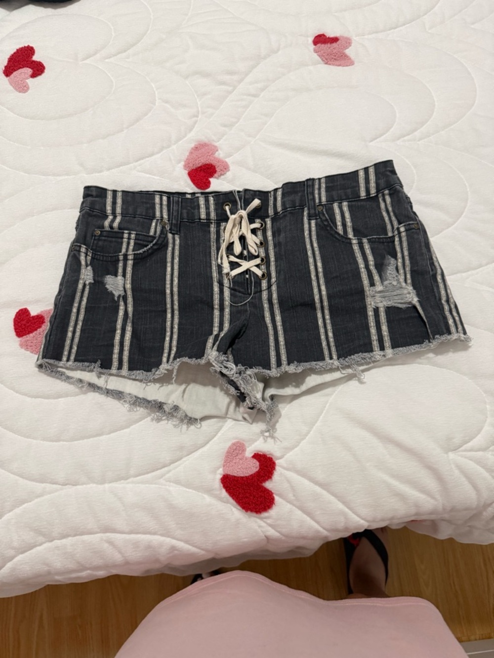 Billabong Black and White Striped Lace-Up Denim Shorts